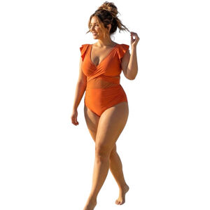 YUISEAIK Orange Cutout One Piece Swimsuit XXL NWT Ruffle Shoulder Tummy Control